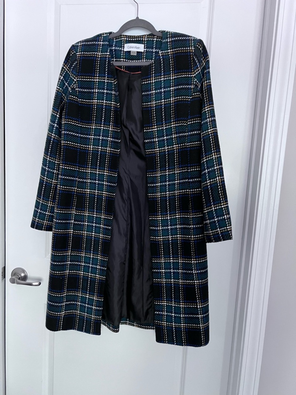 Calvin Klein Teal, Black & White Plaid Collarless Trench Coat